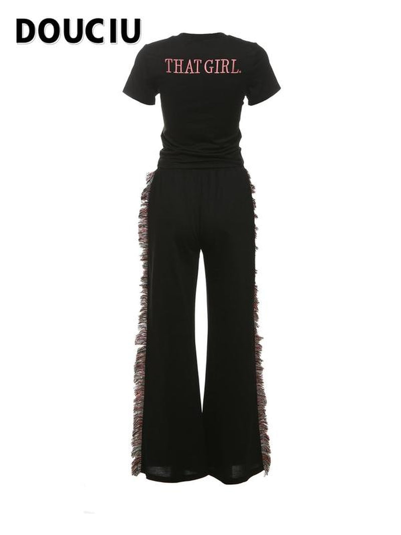 DOUCIU Women'S Letter Embroidery Fringe Trim Fleece Sweatpants Set, Casual Street Short Sleeve T-Shirt & Tie Front Trousers for Daily Wear, Ladies Summer Clothes